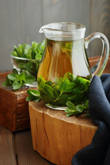 Pepper mint herbal leaf tea with herb leaves nearby on rustic wood, closeup, copy space, healthy herbal drinks and naturopathy concept