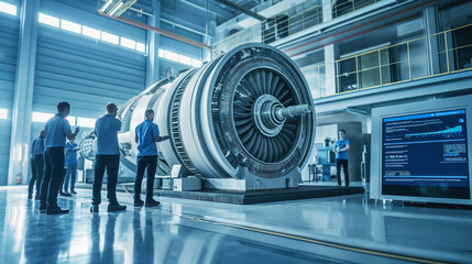 Team of engineers working on high-tech turbine engine in an industrial setting