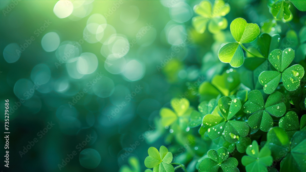 Poster green clover leaf background with bokeh effect. st. patrick's day concept