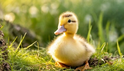 A cute little yellow duck on the green grass, beautiful animal, close-up