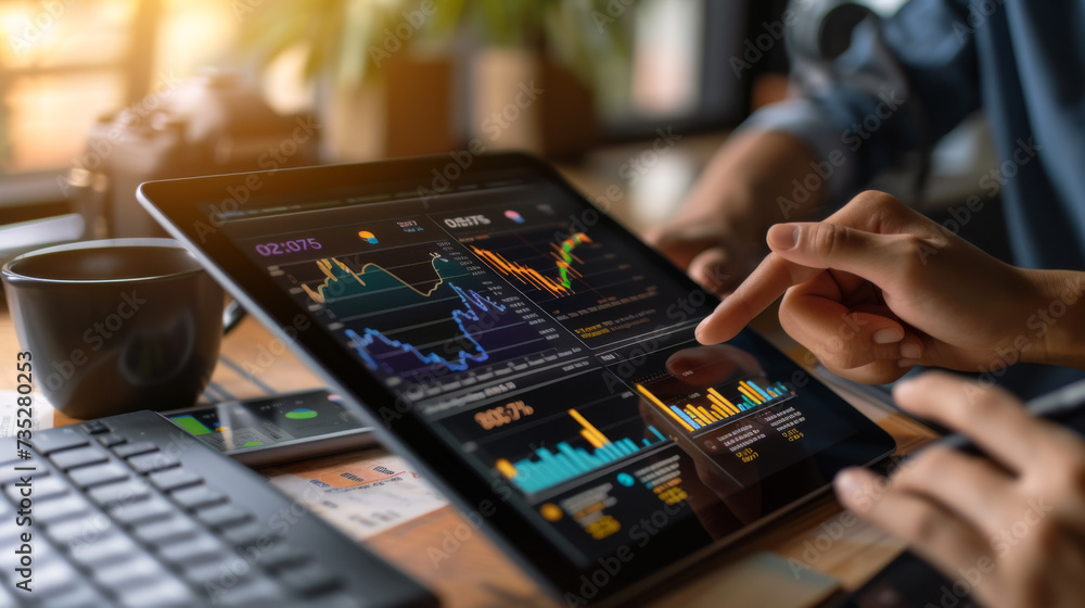 Poster person analyzing data on a tablet, with a focus on the hand touching the screen displaying colorful 