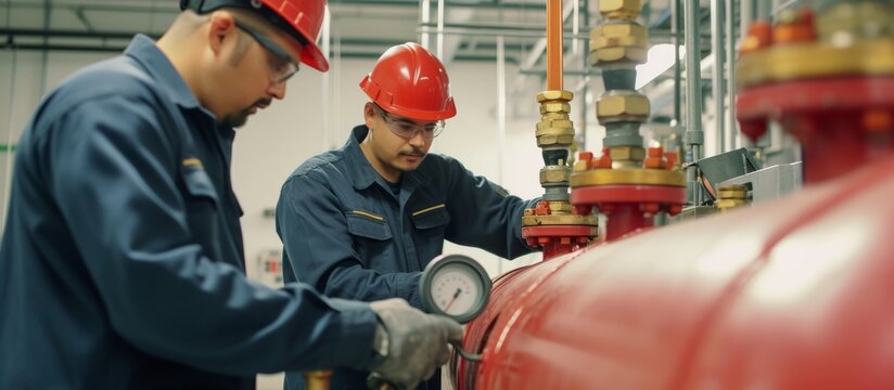 Two men wearing hard hats working on a pipe construction project at industrial site
