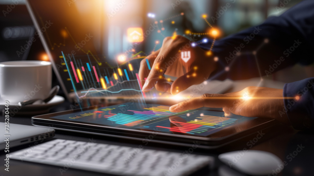 Poster person analyzing data on a tablet, with a focus on the hand touching the screen displaying colorful 