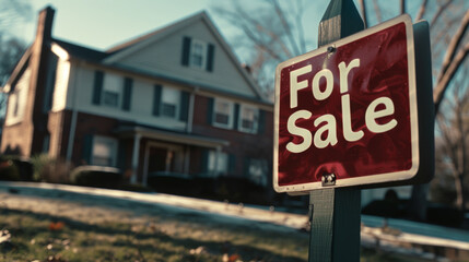 ed "For Sale" sign in focus with a blurred background of a residential house, suggesting that the property is on the market.