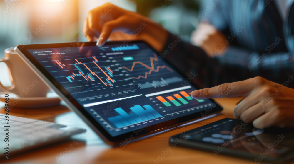 Poster person analyzing data on a tablet, with a focus on the hand touching the screen displaying colorful 