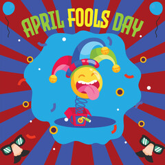 April Fool's Day design with laughing cartoon faces and jester hat. For greeting cards, banners, flyers, etc.