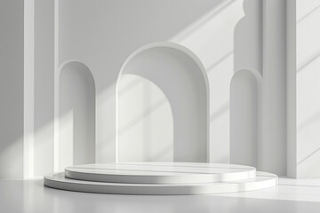 White Greek antique columns against a dark wall with an arch, for advertising goods, products, expansions. Empty white room with shadows of window.