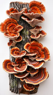 Reishi mushrooms close up growing on a tree trunk Traditional Chinese medicine on a white background