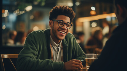 Young black man with glasses talking to a friend at a bar - obrazy, fototapety, plakaty