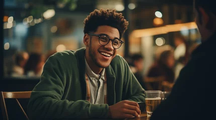 Foto op Plexiglas Young black man with glasses talking to a friend at a bar © Neat Design Studio
