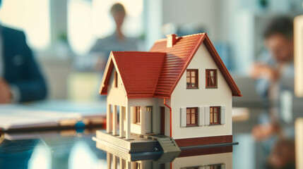 model of a house in sharp focus on a reflective surface with blurred figures of people in the background