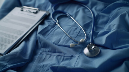 Medical scrubs with a stethoscope and a clipboard, indicating a healthcare setting and medical...
