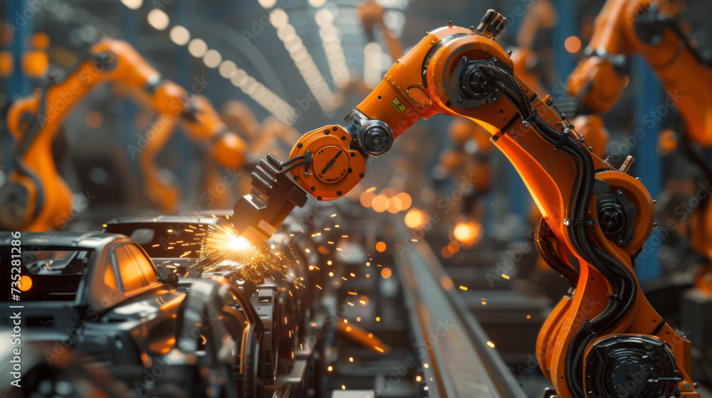 Poster car assembly line with multiple robotic arms actively welding and assembling a car in a modern autom