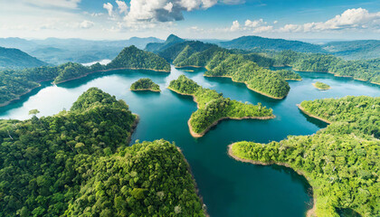 Sustainable habitat world concept. Distant aerial view of a dense rainforest vegetation with lakes in a shape of world continents, clouds and one small yellow - obrazy, fototapety, plakaty