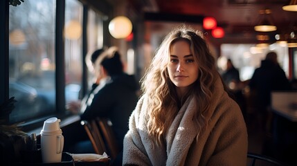 Obraz premium Embracing Self-Love: Contemplative Woman in a City Café Enjoys Solo Activity on Singles Awareness Day