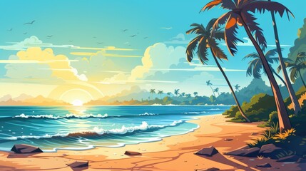 Fototapeta na wymiar Sunny Coastal Scene Illustration of Summer Beach Background