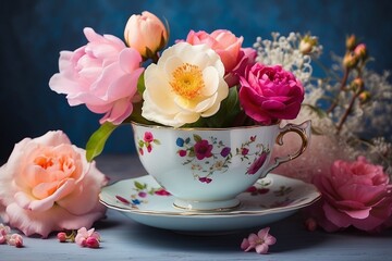 Obraz na płótnie Canvas cup of tea and roses