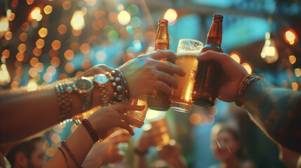 Hands clinking beer bottles and glasses in a toast, with frothy beer spilling over, amidst a backdrop of warm, blurred lights.