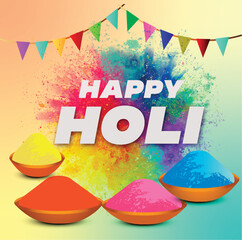 Colorful explosion for Holi festival poster banner creative. Colorful gulal pichkari and text happy Holi