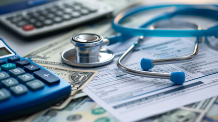 A close-up of medical expenses concept with a stethoscope, calculator, and US dollar bills on a medical billing statement, depicting the financial aspect of healthcare. - obrazy, fototapety, plakaty