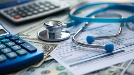 Fotobehang A close-up of medical expenses concept with a stethoscope, calculator, and US dollar bills on a medical billing statement, depicting the financial aspect of healthcare. © MP Studio