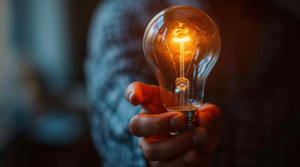 hand holding a glowing, illuminated light bulb against a blurry background. - obrazy, fototapety, plakaty