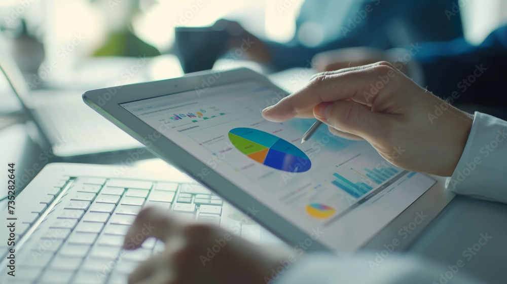 Poster person analyzing data on a tablet, with a focus on the hand touching the screen displaying colorful 