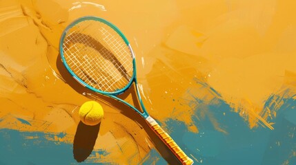 Beach Tennis: Yellow ball and racket shadow on the sand, a vibrant banner capturing the spirit of tennis on a sunny day - obrazy, fototapety, plakaty