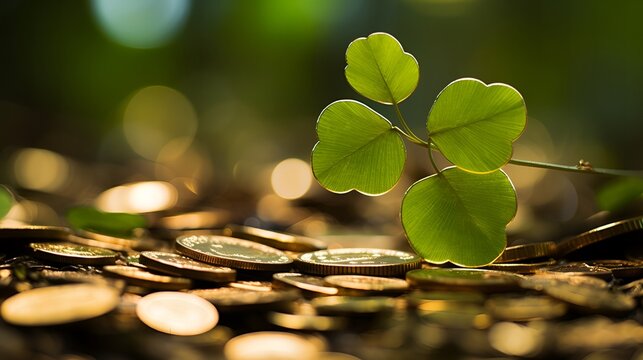 Celebrating Heritage: Close-up of a Shamrock and Golden Coins Embody the Spirit of St. Patrick's Day