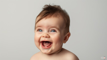joyful baby with curly hair, laughing and looking towards the camera with great excitement and happiness.