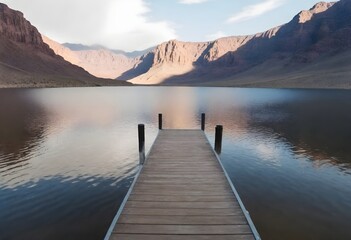A metal pier extending into a calm lake with a desert in the background during daytime