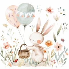 Seamless pattern. Happy Easter postcard. Whimsical illustration of a cute bunny with angel wings sitting in a serene spring garden. Cute animal for kids room, children wallpaper  decor, textile.