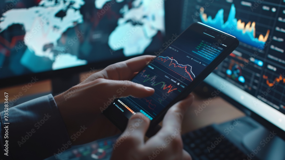 Poster close-up of a hand holding a smartphone with stock market data on the screen, with a laptop in the b