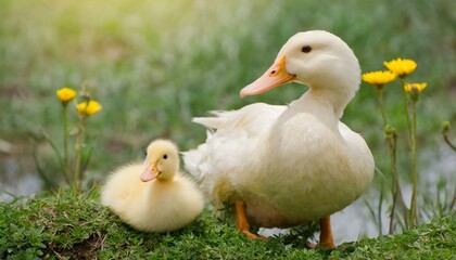 A mother duck with a little chick on the grass beautiful bird