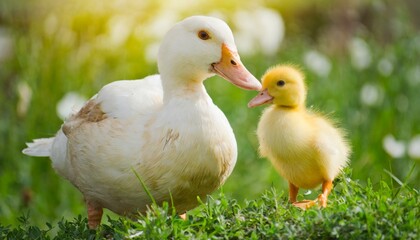 A mother duck with a little chick on the grass beautiful bird