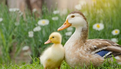 Obraz premium A mother duck with a little chick on the grass beautiful bird
