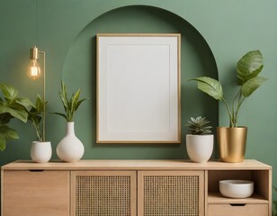 A wooden sideboard against a green wall with a framed blank canvas, decorative vases with plants , a golden lamp, and books