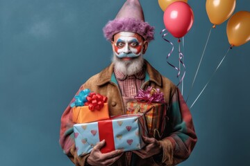 a scary clown, who is dressed in casual clothes and in a santa hat
