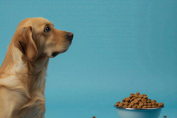 Golden Retriever Gazing Beside Dog Food Bowl
