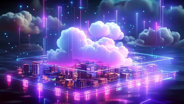 Cloud Data Base Technology concept with blue and pink glowing neon structures, loop background