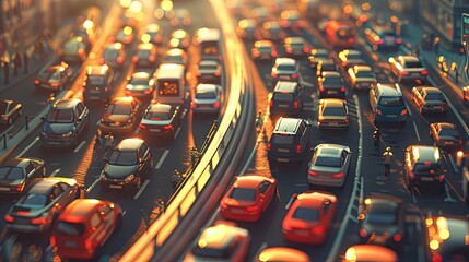 Fototapeta premium Urban Standstill: Cars in a highway traffic jam, portraying the challenges of urban commuting.