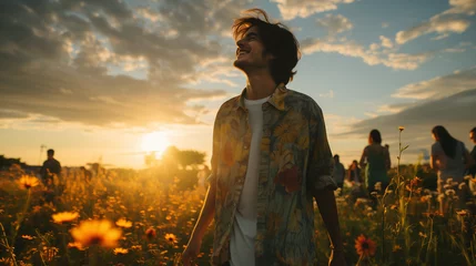 Fotobehang Young man walking and smiling in a floral field at sunrise © Neat Design Studio