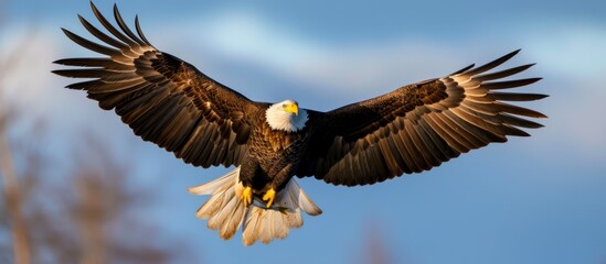 Obraz premium Majestic bald eagle soaring through the sky in full flight with outstretched wings and sharp eyes