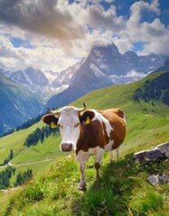 Fototapeta na wymiar cow against the backdrop of alpine mountains and meadows, farm animals