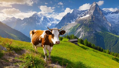 Fototapeta na wymiar cow against the backdrop of alpine mountains and meadows, farm animals