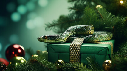 Fototapeta premium Green tree snake on a green background, decorated with Christmas tree branches. Merry Christmas and New Year concept. Holidays background.