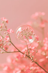 Aesthetic spring background with cherry blossom in delicate bubble. The beginning of spring, nature. Light pastel pink and peach colors.