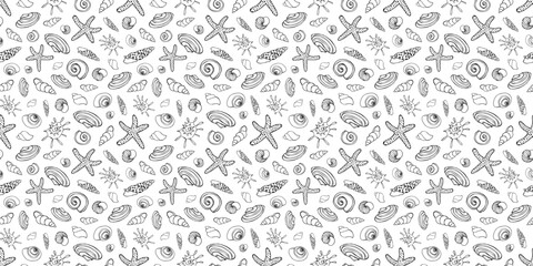 Seamless pattern with seashells. Creative marine texture. Horizontal background.