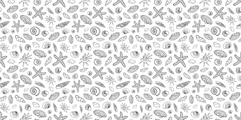 Seamless pattern with seashells. Creative marine texture. Horizontal background.