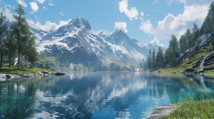 A pristine alpine lake surrounded by towering peaks, their snow-capped summits reflected in the calm waters below. Pine forests blanket the lower slopes, adding to the sense of tranquility.